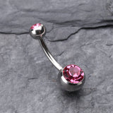 Detail View 2 of Double Gem Ball Steel Belly Button Ring-Pink