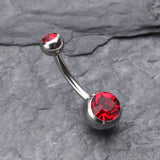 Detail View 2 of Double Gem Ball Steel Belly Button Ring-Red