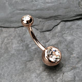 Detail View 2 of Rose Gold Double Gem Ball Steel Belly Button Ring-Clear Gem