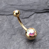 Detail View 2 of Gold PVD Double Gem Ball Steel Belly Button Ring-Aurora Borealis