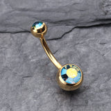 Detail View 2 of Gold PVD Double Gem Ball Steel Belly Button Ring-Aqua/Aurora Borealis