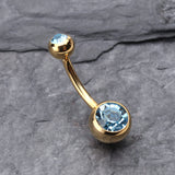 Detail View 2 of Gold PVD Double Gem Ball Steel Belly Button Ring-Aqua