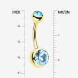 Detail View 1 of Gold PVD Double Gem Ball Steel Belly Button Ring-Aqua