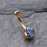 Detail View 2 of Gold PVD Double Gem Ball Steel Belly Button Ring-Blue