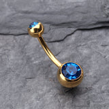 Detail View 2 of Gold PVD Double Gem Ball Steel Belly Button Ring-Capri Blue
