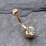 Detail View 2 of Gold PVD Double Gem Ball Steel Belly Button Ring-Clear Gem