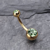 Detail View 2 of Gold PVD Double Gem Ball Steel Belly Button Ring-Light Green