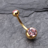Detail View 2 of Gold PVD Double Gem Ball Steel Belly Button Ring-Light Pink