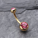 Detail View 2 of Gold PVD Double Gem Ball Steel Belly Button Ring-Pink