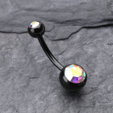 Detail View 2 of Colorline Double Gem Ball Steel Belly Button Ring-Black/Aurora Borealis