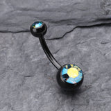 Detail View 2 of Colorline Double Gem Ball Steel Belly Button Ring-Black/Aqua/Aurora Borealis