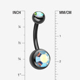 Detail View 1 of Colorline Double Gem Ball Steel Belly Button Ring-Black/Aqua/Aurora Borealis