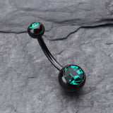 Detail View 2 of Colorline Double Gem Ball Steel Belly Button Ring-Black/Dark Green