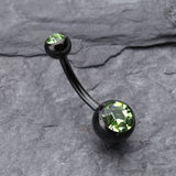 Detail View 2 of Colorline Double Gem Ball Steel Belly Button Ring-Black/Light Green