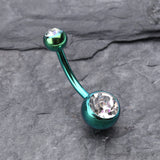 Detail View 2 of Colorline Double Gem Ball Steel Belly Button Ring-Green/Clear