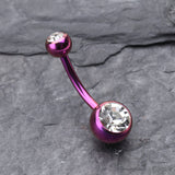 Detail View 2 of Colorline Double Gem Ball Steel Belly Button Ring-Purple/Clear