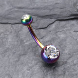Detail View 2 of Colorline Double Gem Ball Steel Belly Button Ring-Rainbow/Clear