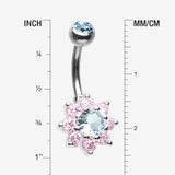 Detail View 1 of Glistening Spring Flower Sparkle Belly Button Ring-Aqua/Pink