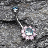 Detail View 2 of Glistening Spring Flower Sparkle Belly Button Ring-Aqua/Pink