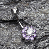 Detail View 2 of Glistening Spring Flower Sparkle Belly Button Ring-Clear Gem/Purple