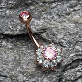 Detail View 2 of Rose Gold Glistening Spring Flower Sparkle Belly Button Ring-Pink/Aqua
