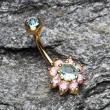 Detail View 2 of Golden Glistening Spring Flower Sparkle Belly Button Ring-Aqua/Pink