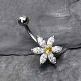 Detail View 2 of Glistening Flower Bliss Non Dangle Belly Button Ring-Clear Gem/Yellow