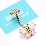 Detail View 4 of Golden Spring Essence Butterfly Flower Sparkle Belly Button Ring-Clear Gem/Rose Quartz