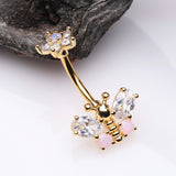 Detail View 2 of Golden Spring Essence Butterfly Flower Sparkle Belly Button Ring-Clear Gem/Rose Quartz