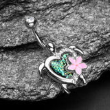 Detail View 2 of Hawaiian Flower Turtle Opal Sparkle Belly Button Ring-Clear Gem/Black
