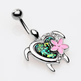 Detail View 3 of Hawaiian Flower Turtle Opal Sparkle Belly Button Ring-Clear Gem/Black