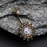 Detail View 2 of Golden Antique Tribal Sun God Opal Sparkle Belly Button Ring-Purple