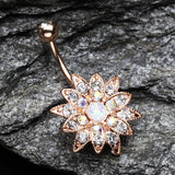 Detail View 2 of Rose Gold Opal Chrysanthemum Flower Belly Button Ring-Clear/Aurora Borealis