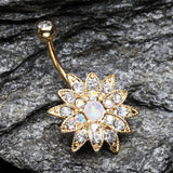 Detail View 2 of Golden Opal Chrysanthemum Flower Belly Button Ring-Clear/Aurora Borealis