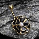 Detail View 2 of Golden Black Dahlia Flower Belly Button Ring-Clear Gem