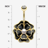 Detail View 1 of Golden Black Dahlia Flower Belly Button Ring-Clear Gem