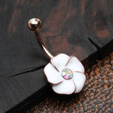 Detail View 2 of Rose Gold White Hibiscus Flower Sparkle Belly Button Ring-Aurora Borealis/White