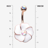 Detail View 1 of Rose Gold White Hibiscus Flower Sparkle Belly Button Ring-Aurora Borealis/White
