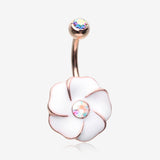 Rose Gold White Hibiscus Flower Sparkle Belly Button Ring-Aurora Borealis/White