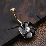 Detail View 2 of Golden Black Hibiscus Flower Sparkle Belly Button Ring-Aurora Borealis/Black