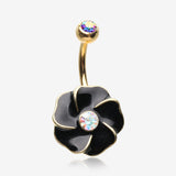 Golden Black Hibiscus Flower Sparkle Belly Button Ring