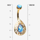 Detail View 1 of Golden Opalescent Victorian Filigree Belly Button Ring-Blue