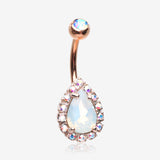 Rose Gold Opalite Sparkle Teardrop Belly Button Ring-Aurora Borealis/White