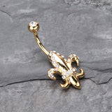 Detail View 2 of Golden Royal Fleur De Lis Belly Button Ring-Clear Gem