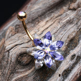Detail View 2 of Golden Marquis Lotus Belly Button Ring-Tanzanite/Clear