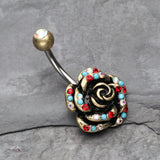 Detail View 2 of Vintage Boho Gleam Rose Belly Button Ring-Brass/Aurora Borealis/Red