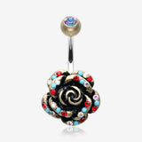 Vintage Boho Gleam Rose Belly Button Ring-Brass/Aurora Borealis/Red