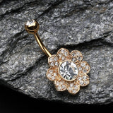 Detail View 2 of Golden Avens Flower Sparkle Belly Button Ring-Clear Gem