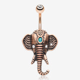 Antique Rose Gold Ganesha Elephant Turquoise Belly Button Ring-Clear Gem