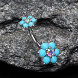 Detail View 2 of Turquoise Flower Sparkle Prong Set Belly Button Ring-Aurora Borealis/Turquoise